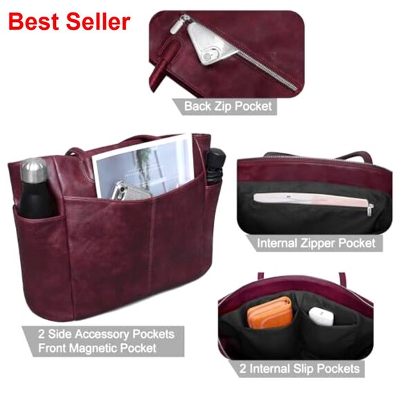 Large Tote Bag Vegan Leather Casual Zipper Work Bag  Large Vegan Leather Tote Bag with Zipper 23L Capacity Work Purse